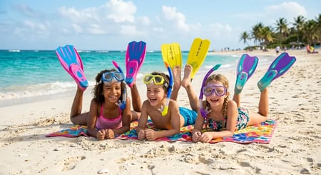 Gemini_Generated_Image_pmi2jkpmi2jkpmi2 Kids on the beach with snorkeling mask and fins