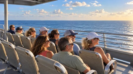 Adult travelers enjoying ocean views from an outdoor deck aboard Key West Express.