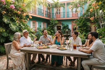 Friends and family enjoying an outdoor celebration in a tropical Key West courtyard.