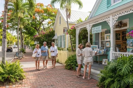 Adult visitors exploring colorful streets and shops in Old Town Key West.