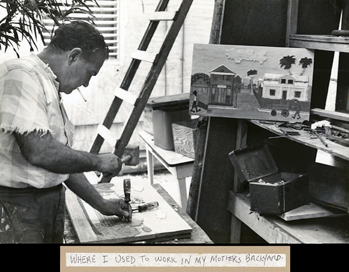 Mario Sanchez at work, in his studio, in Key West