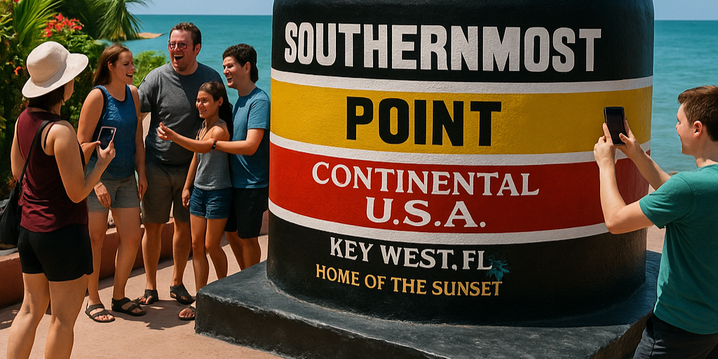 Southernmost Buoy in Key West with people around it.