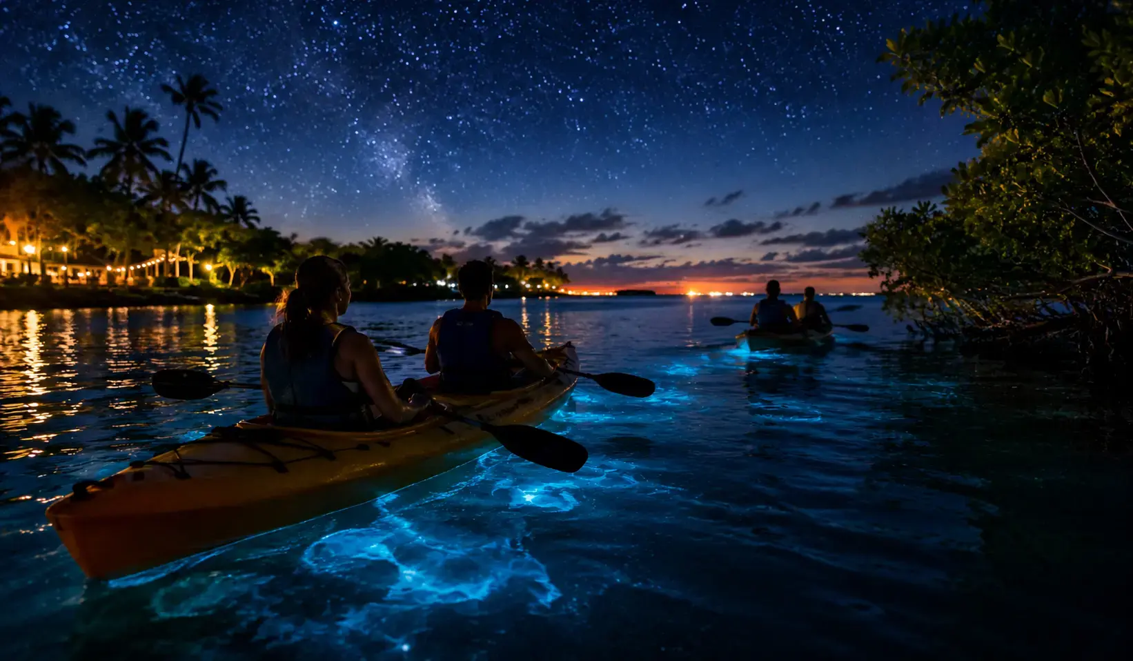 Nighttime kayakers paddling through bioluminescent waters near mangroves in Key West, Florida