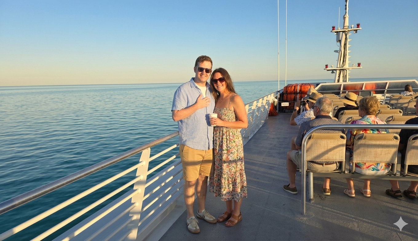 A couple standing on the top deck of the Key West Express ferry.