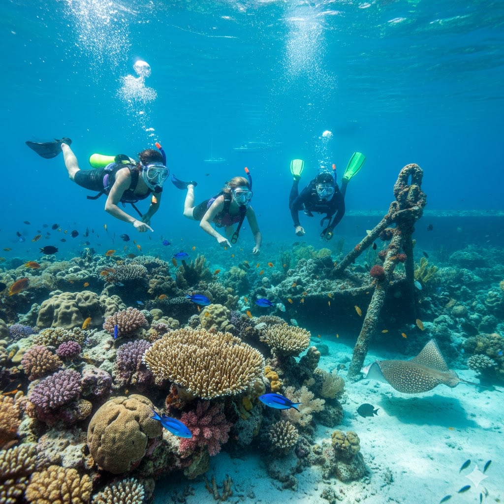 Scuba divers swimming over a coral reef